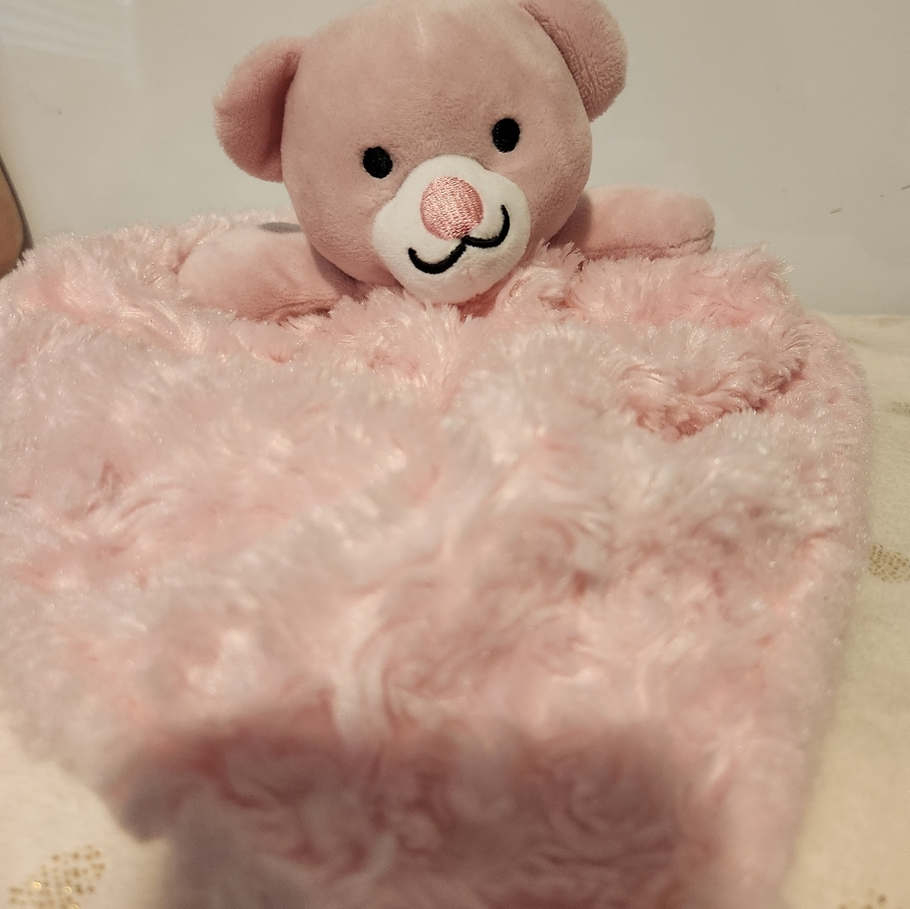 Little Beginnings pink rosette bear lovey security blanket.